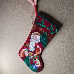 Vintage Hand-Finished Needlepoint Christmas Stocking Santa with Toys